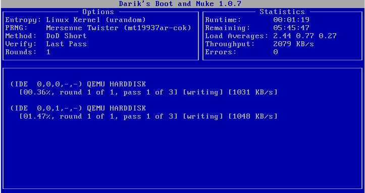 DBAN running in autonuke mode